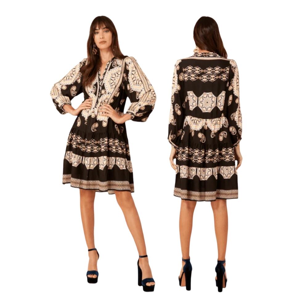 Hale Bob Los Angeles Jayleen Black Patterned Knee Length long sleeved Dress Med